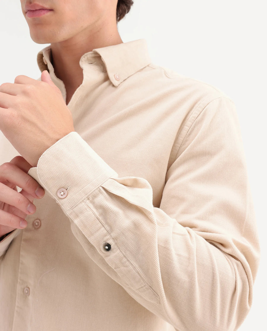Rare Rabbit Men's Buita-On Off White Cotton Fabric Button-Down Collar Regular Fit Plain Shirt