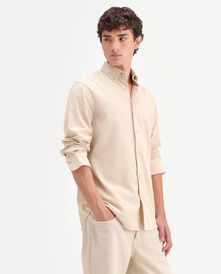 Rare Rabbit Men's Buita-On Off White Cotton Fabric Button-Down Collar Regular Fit Plain Shirt