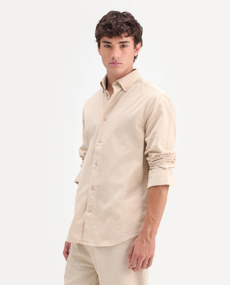Rare Rabbit Men's Buita-On Off White Cotton Fabric Button-Down Collar Regular Fit Plain Shirt