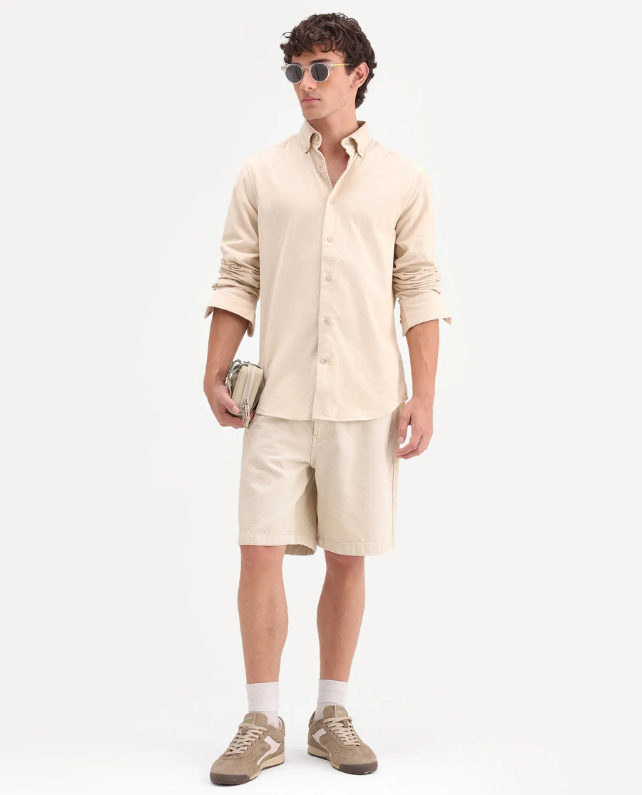 Rare Rabbit Men's Buita-On Off White Cotton Fabric Button-Down Collar Regular Fit Plain Shirt