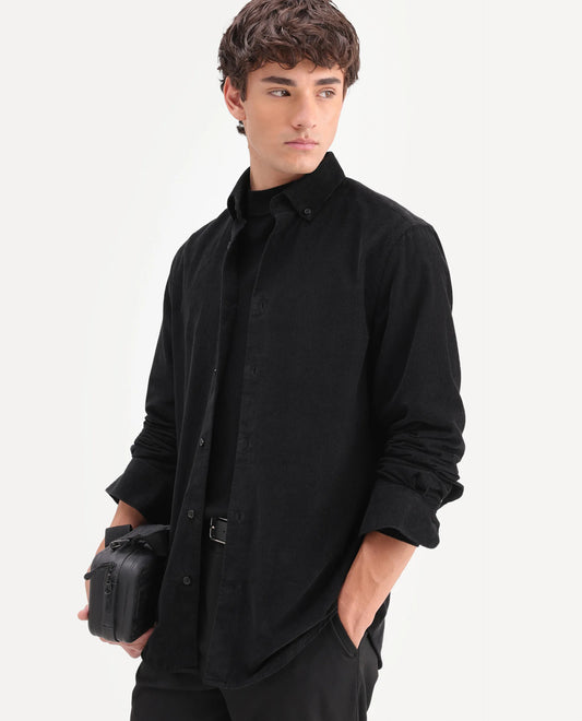 Rare Rabbit Men's Buita-On Black Cotton Fabric Button-Down Collar Regular Fit Plain Shirt
