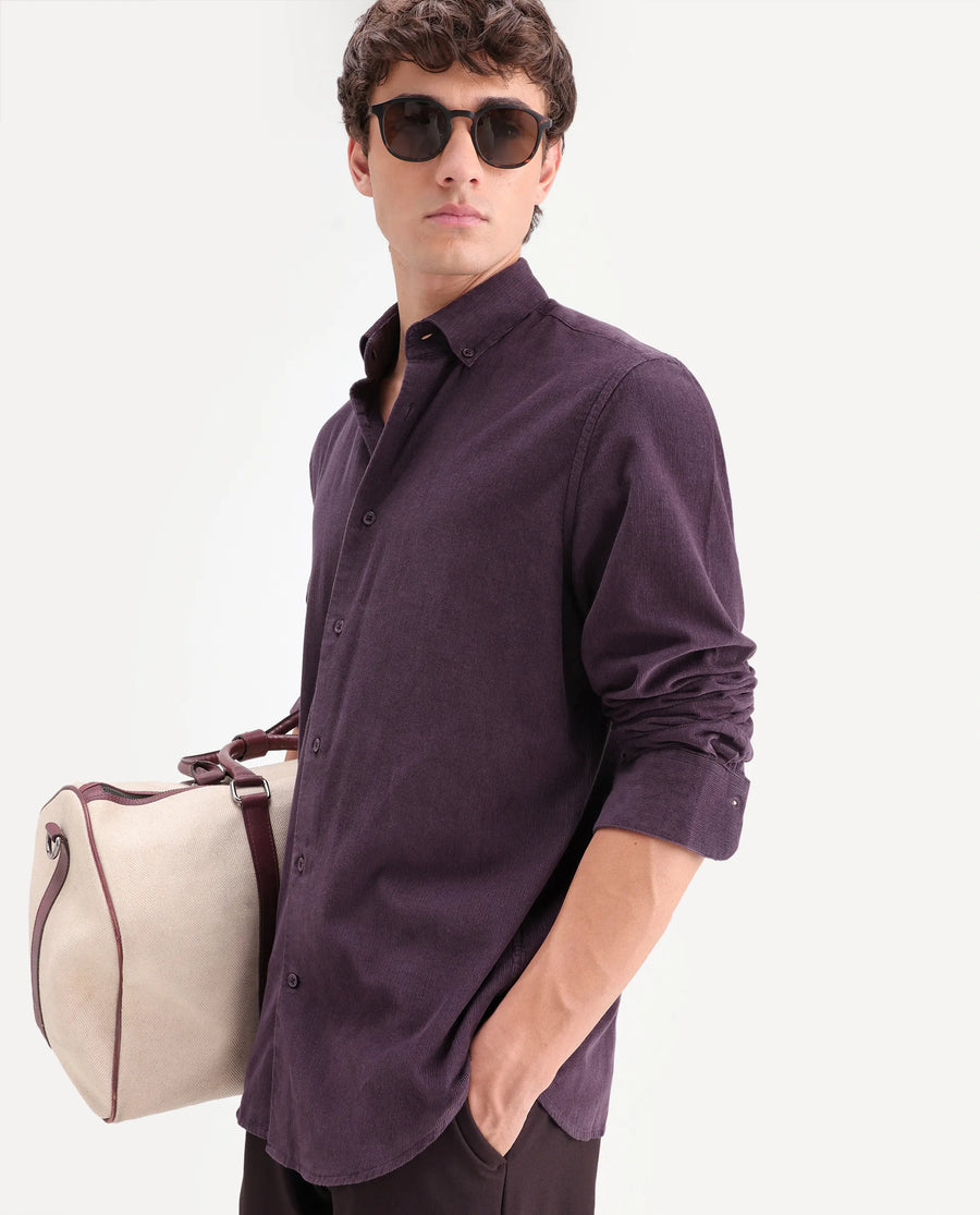 Rare Rabbit Men's Buita-On Dark Purple Cotton Fabric Button-Down Collar Regular Fit Plain Shirt