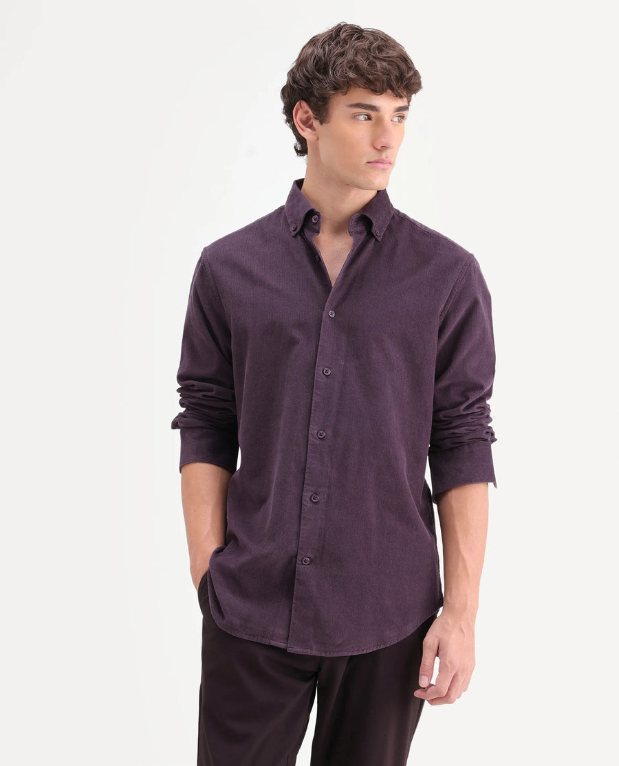 Rare Rabbit Men's Buita-On Dark Purple Cotton Fabric Button-Down Collar Regular Fit Plain Shirt