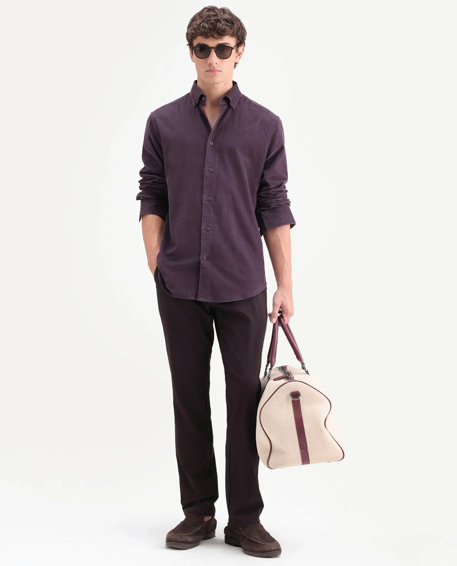 Rare Rabbit Men's Buita-On Dark Purple Cotton Fabric Button-Down Collar Regular Fit Plain Shirt