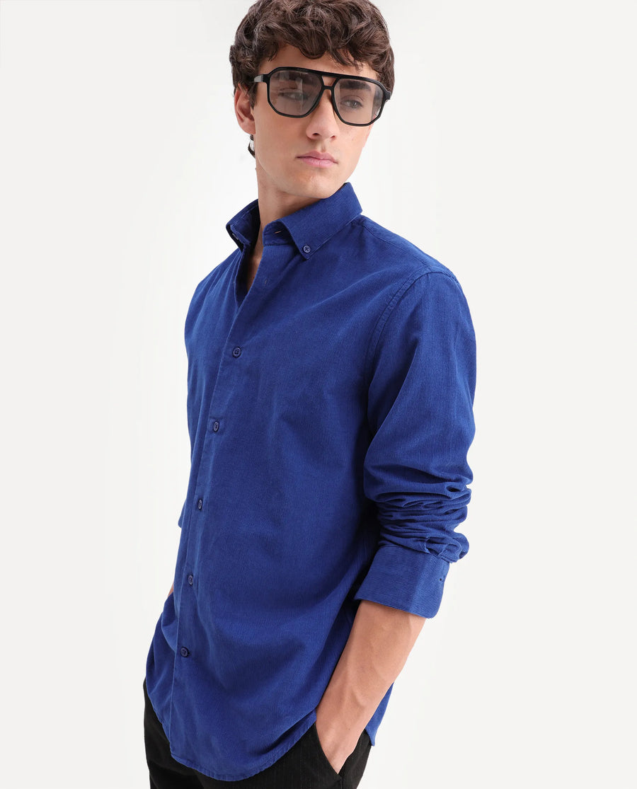 Rare Rabbit Men's Buita-On Blue Cotton Fabric Button-Down Collar Regular Fit Plain Shirt
