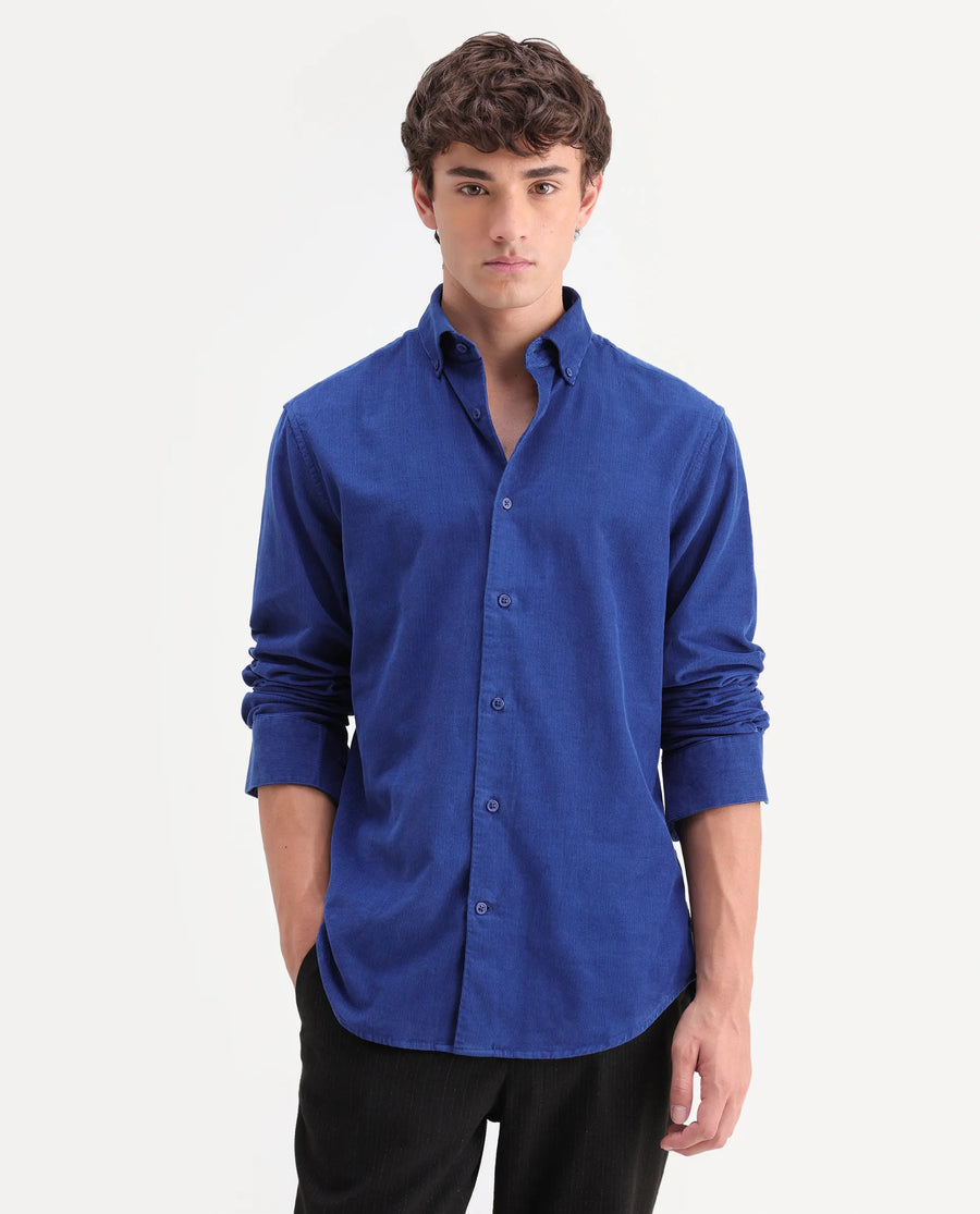 Rare Rabbit Men's Buita-On Blue Cotton Fabric Button-Down Collar Regular Fit Plain Shirt