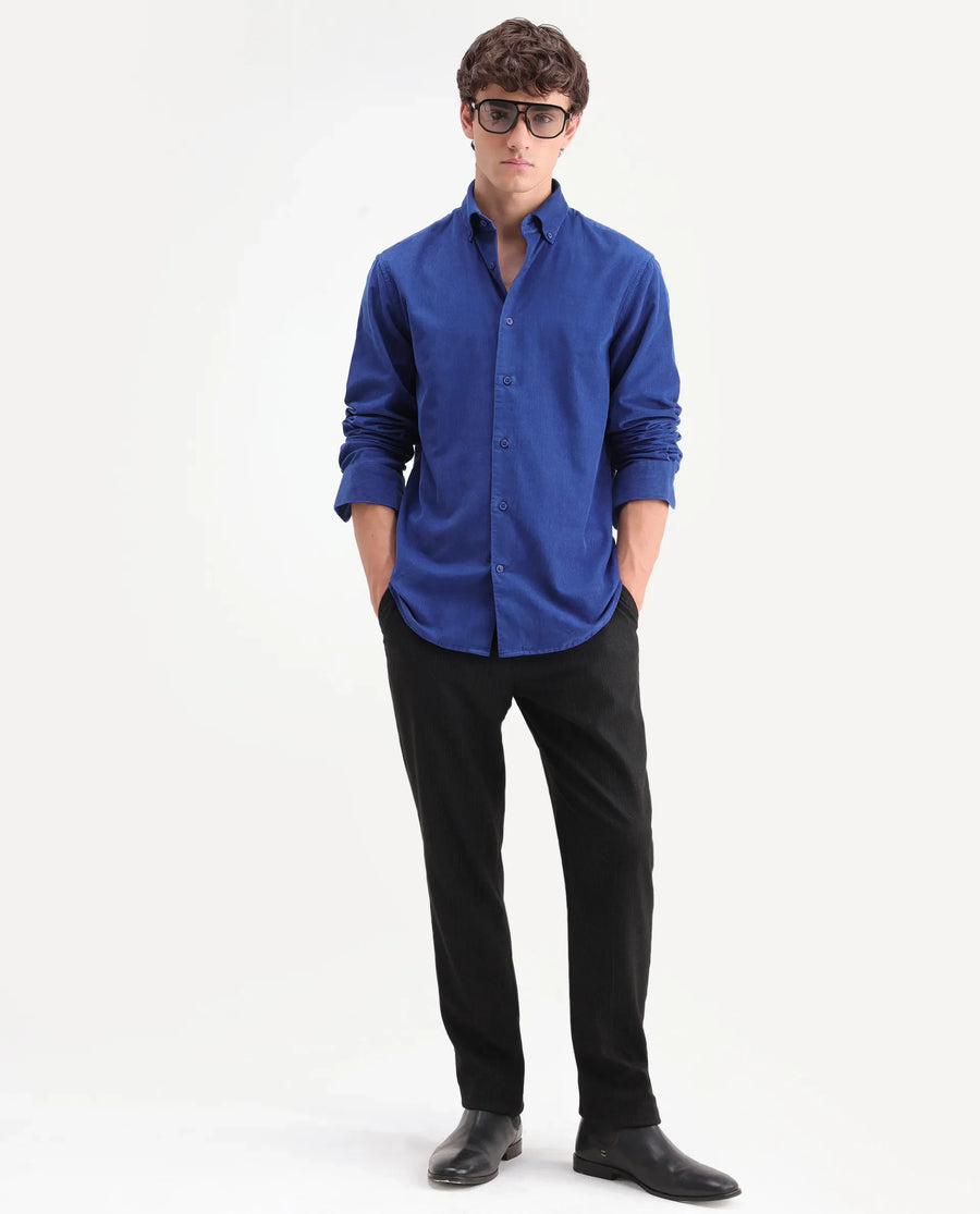 Rare Rabbit Men's Buita-On Blue Cotton Fabric Button-Down Collar Regular Fit Plain Shirt
