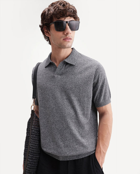 Rare Rabbit Men's Aldro Black Cotton Blend Johnny Collar Regular Plain Polo