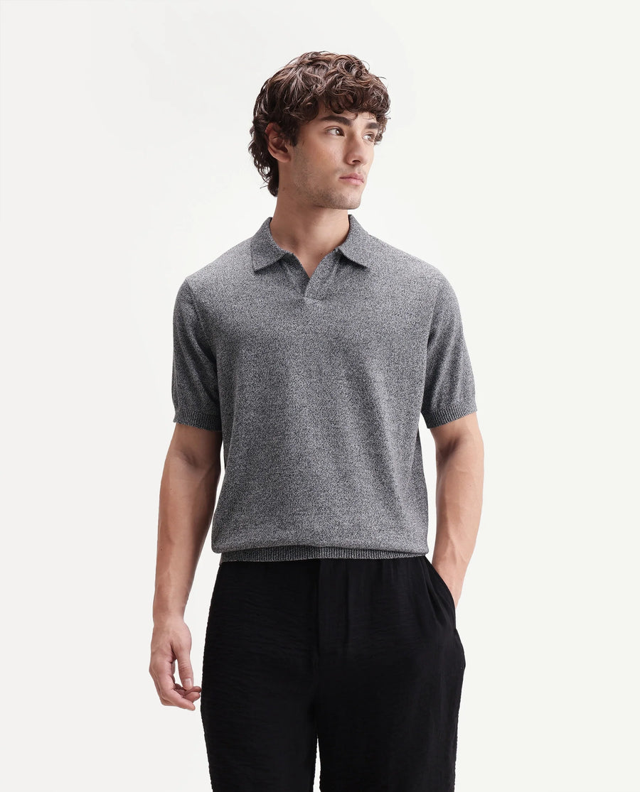 Rare Rabbit Men's Aldro Black Cotton Blend Johnny Collar Regular Plain Polo