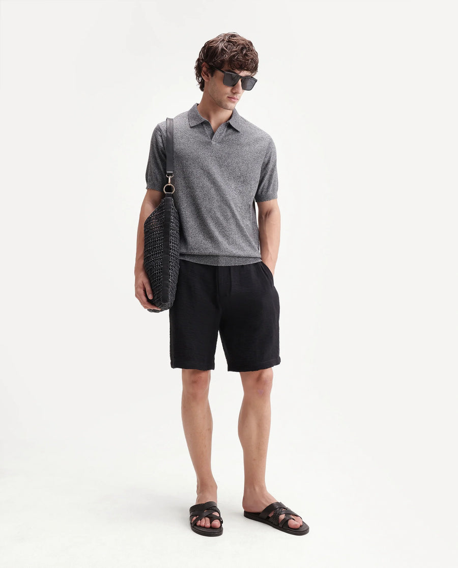 Rare Rabbit Men's Aldro Black Cotton Blend Johnny Collar Regular Plain Polo