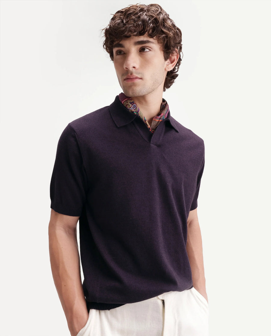 Rare Rabbit Men's Aldro Dark Purple Cotton Blend Johnny Collar Regular Plain Polo