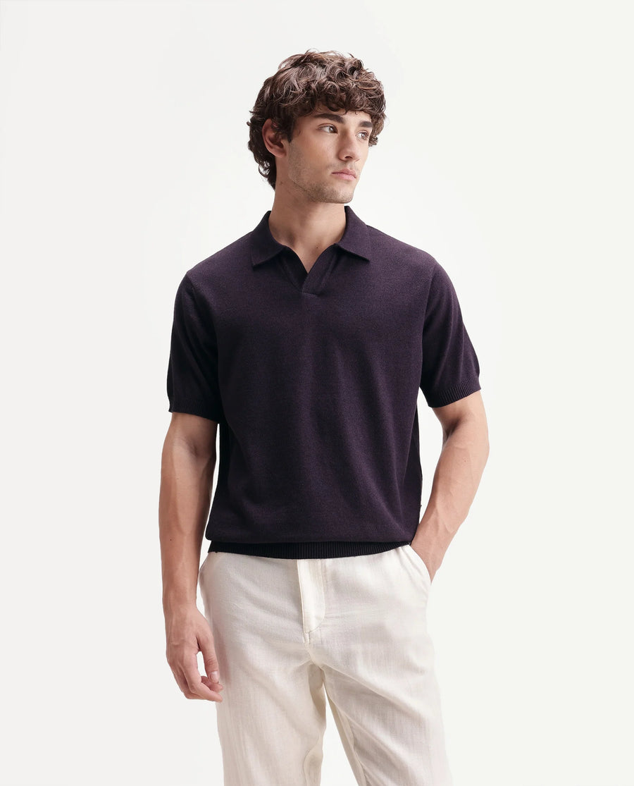 Rare Rabbit Men's Aldro Dark Purple Cotton Blend Johnny Collar Regular Plain Polo