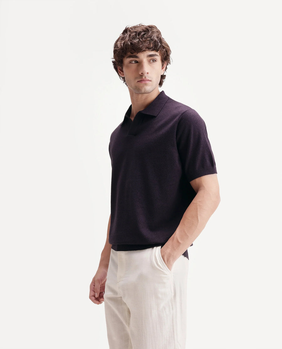Rare Rabbit Men's Aldro Dark Purple Cotton Blend Johnny Collar Regular Plain Polo