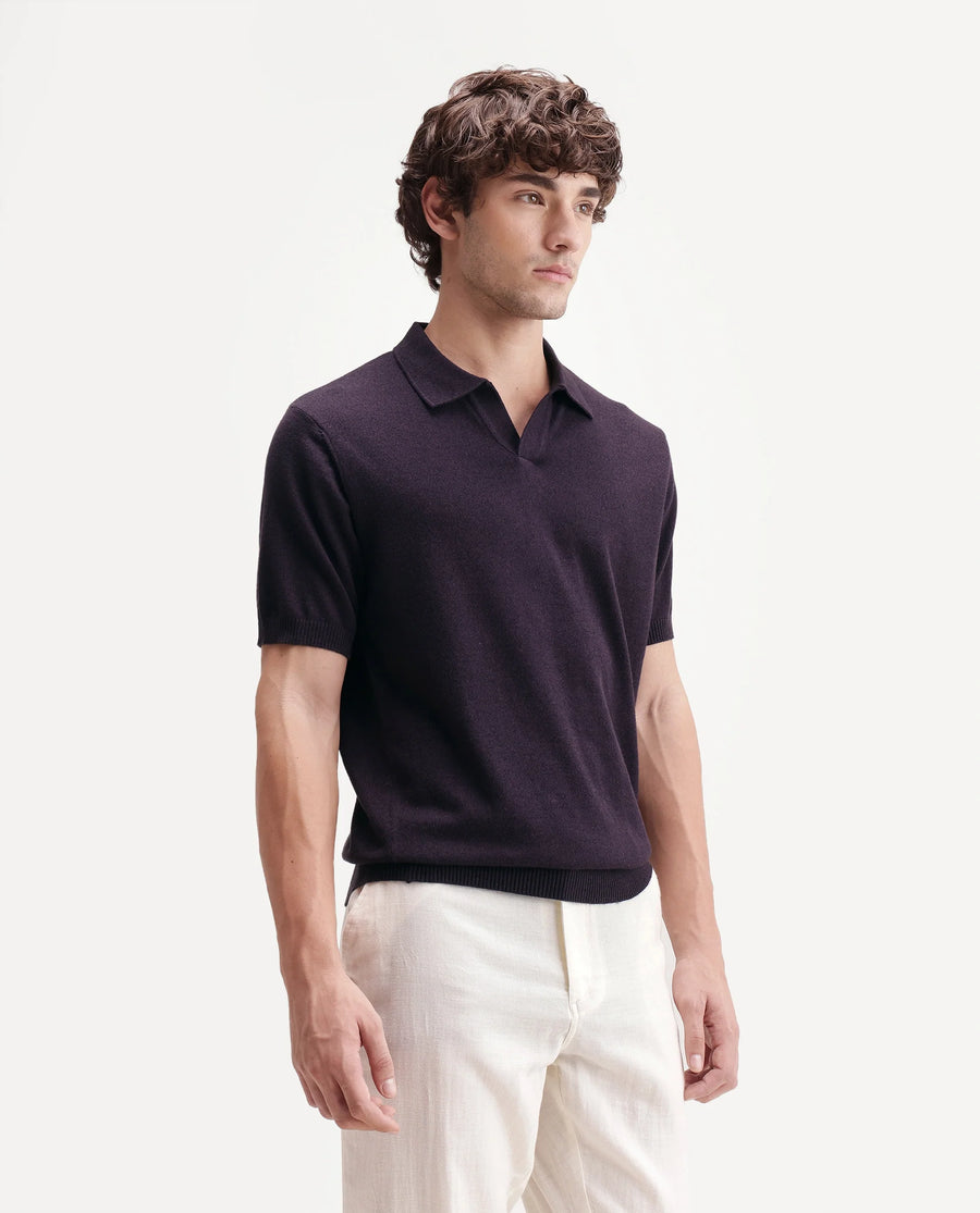 Rare Rabbit Men's Aldro Dark Purple Cotton Blend Johnny Collar Regular Plain Polo