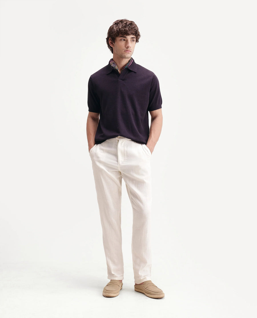 Rare Rabbit Men's Aldro Dark Purple Cotton Blend Johnny Collar Regular Plain Polo