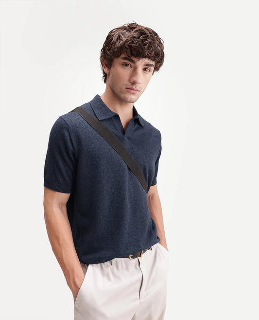 Rare Rabbit Men's Aldro Blue Cotton Blend Johnny Collar Regular Plain Polo