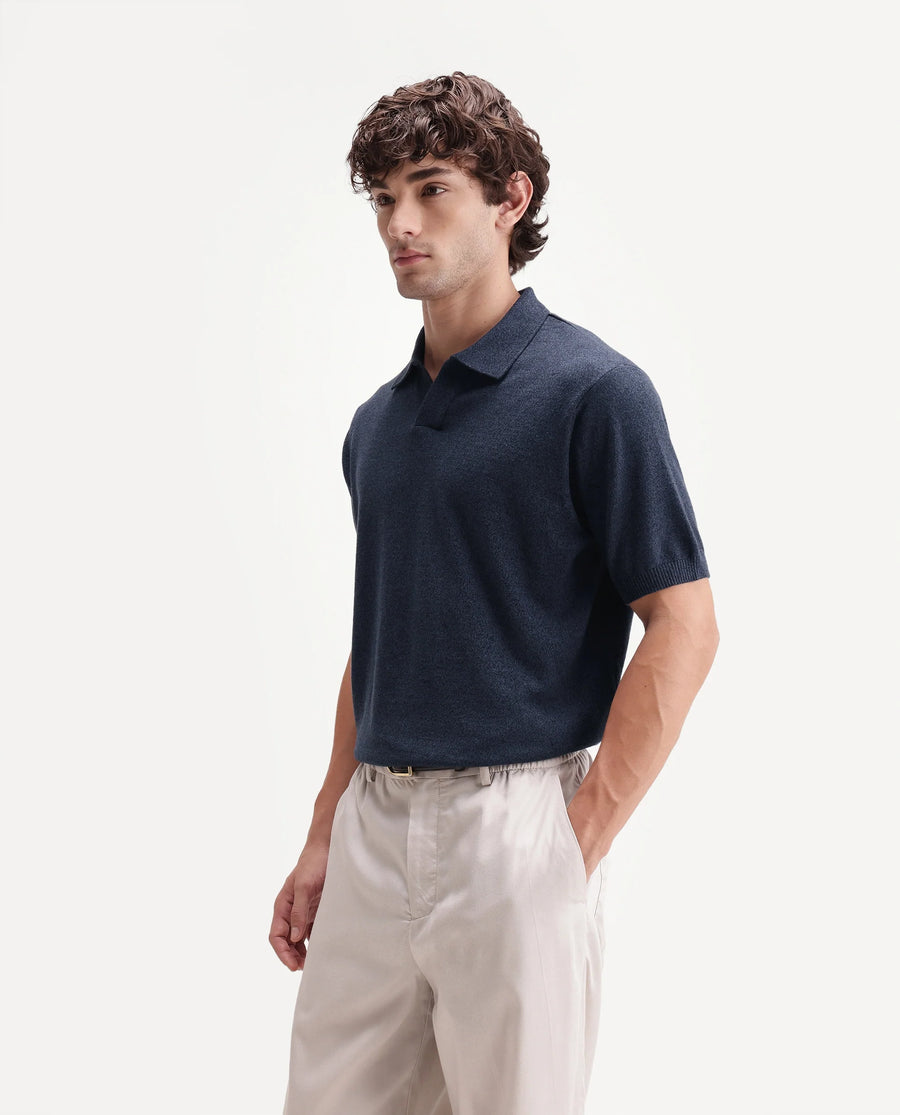 Rare Rabbit Men's Aldro Blue Cotton Blend Johnny Collar Regular Plain Polo