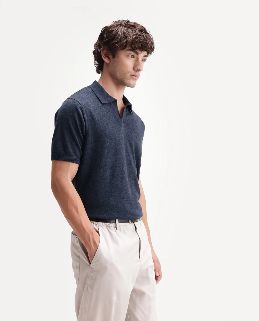 Rare Rabbit Men's Aldro Blue Cotton Blend Johnny Collar Regular Plain Polo