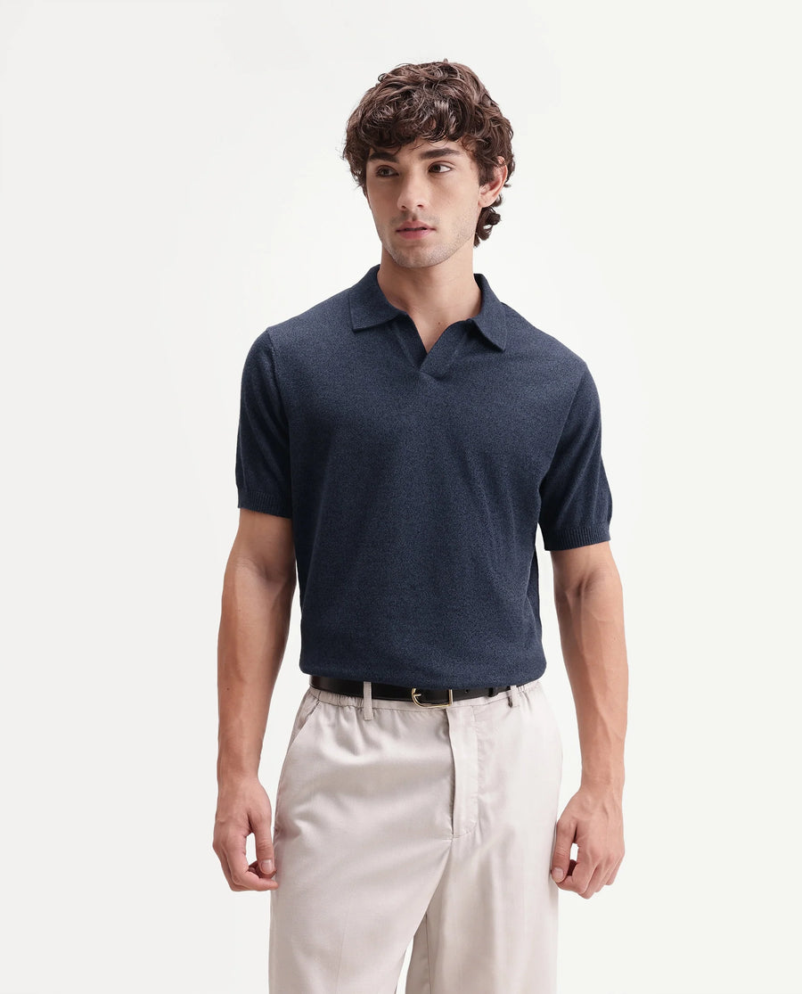 Rare Rabbit Men's Aldro Blue Cotton Blend Johnny Collar Regular Plain Polo