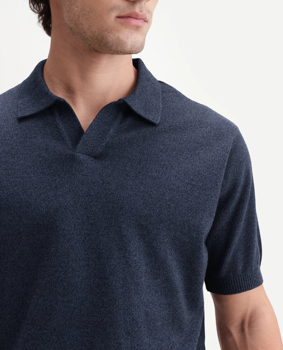 Rare Rabbit Men's Aldro Blue Cotton Blend Johnny Collar Regular Plain Polo