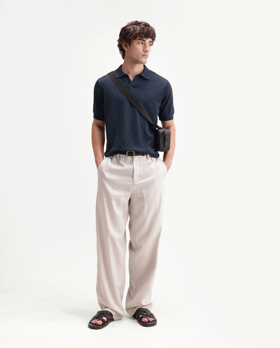 Rare Rabbit Men's Aldro Blue Cotton Blend Johnny Collar Regular Plain Polo