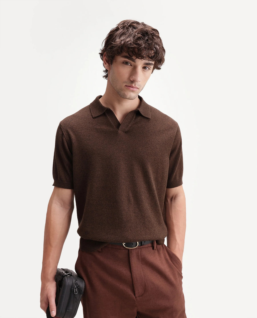 Rare Rabbit Men's Aldro Brown Cotton Blend Johnny Collar Regular Plain Polo