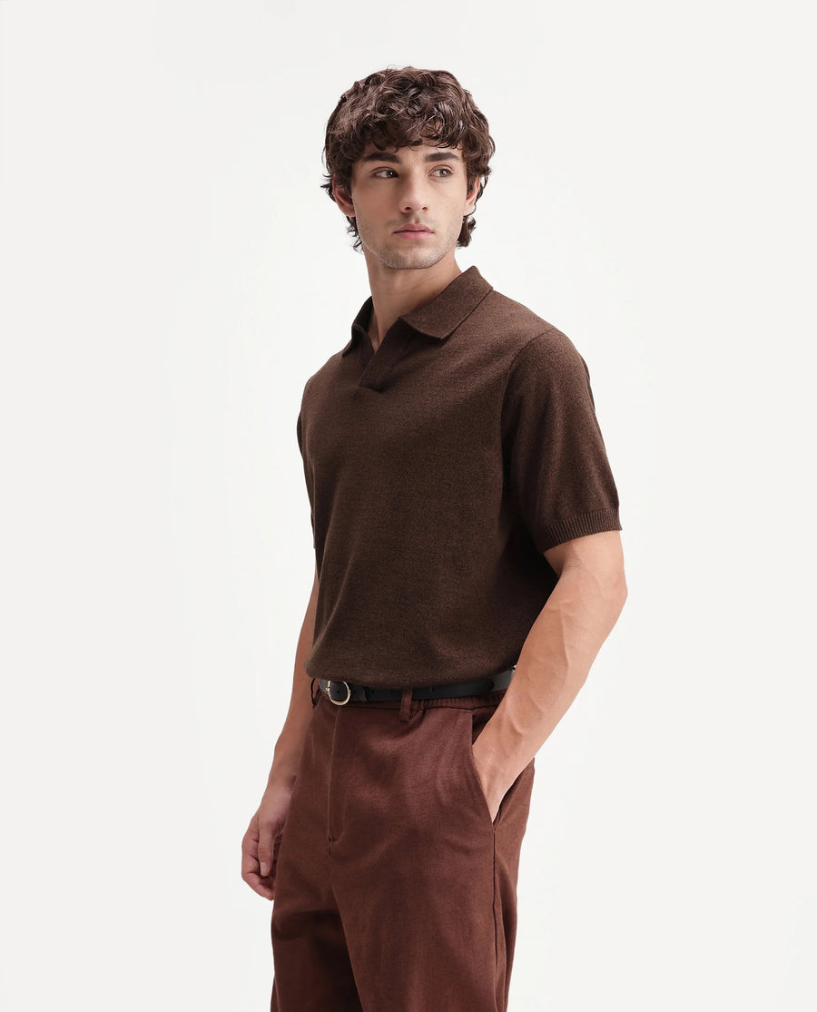Rare Rabbit Men's Aldro Brown Cotton Blend Johnny Collar Regular Plain Polo