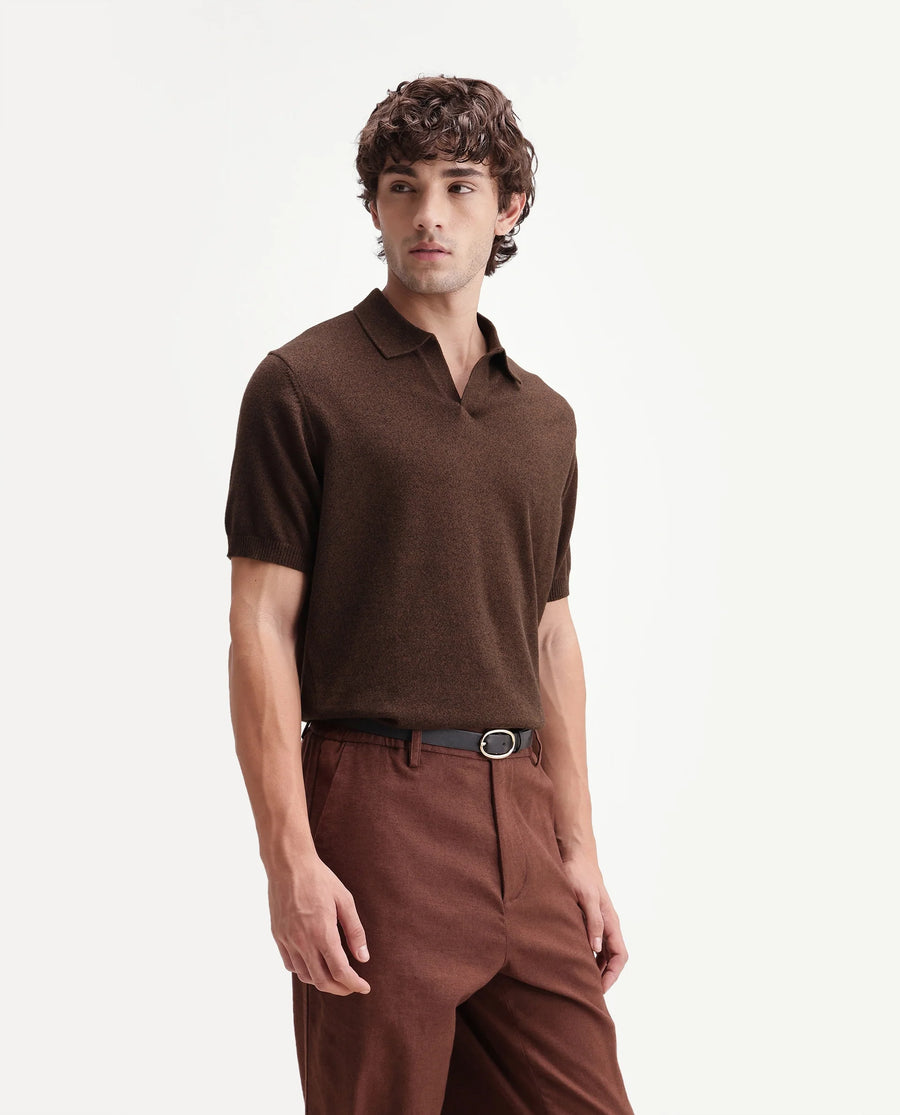 Rare Rabbit Men's Aldro Brown Cotton Blend Johnny Collar Regular Plain Polo