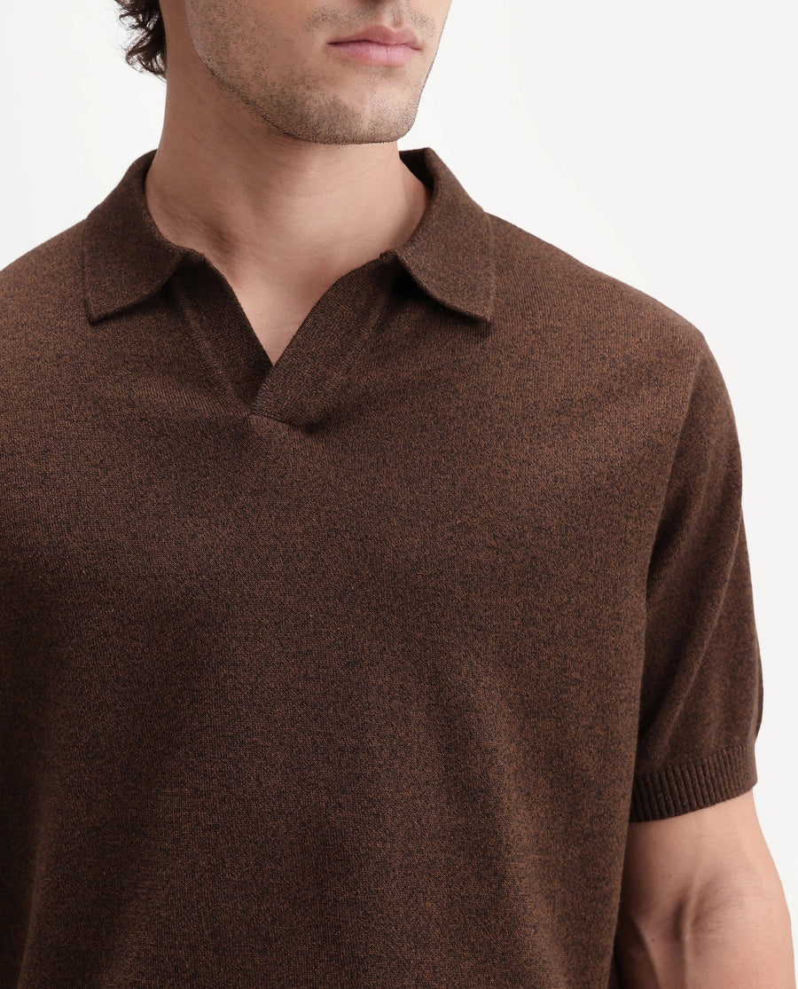 Rare Rabbit Men's Aldro Brown Cotton Blend Johnny Collar Regular Plain Polo