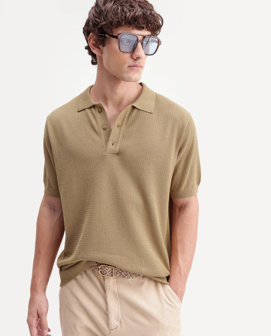 Rare Rabbit Men's Tine Mustard Cotton Regular Short Sleeves Polo Textured Shirt