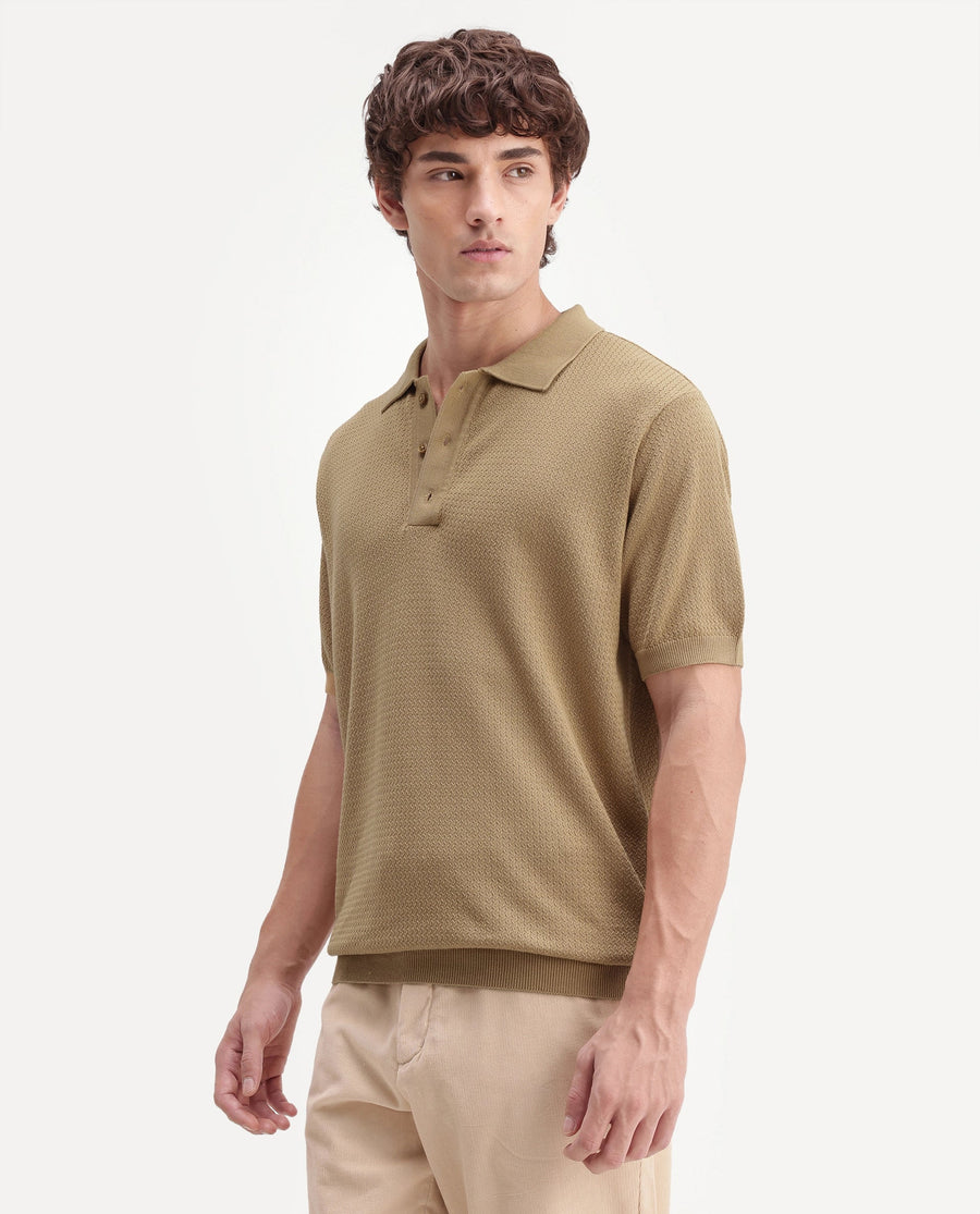 Rare Rabbit Men's Tine Mustard Cotton Regular Short Sleeves Polo Textured Shirt