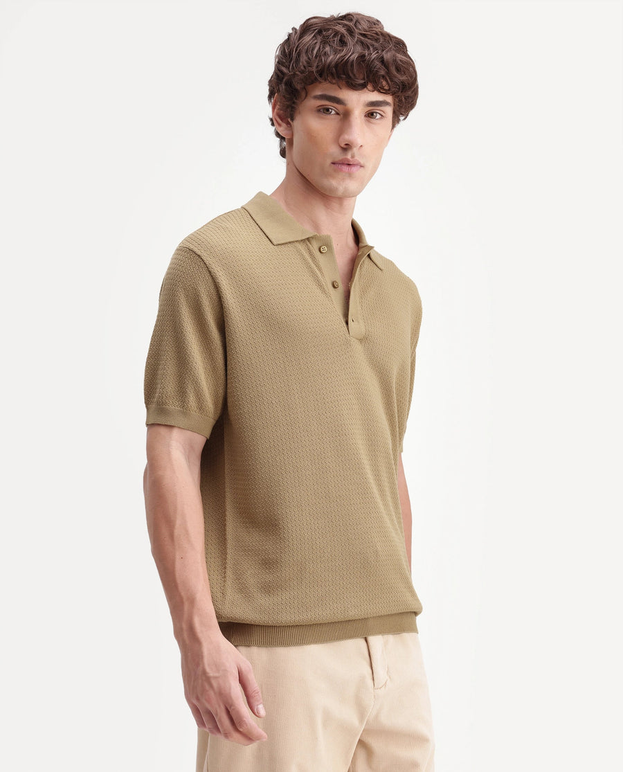 Rare Rabbit Men's Tine Mustard Cotton Regular Short Sleeves Polo Textured Shirt