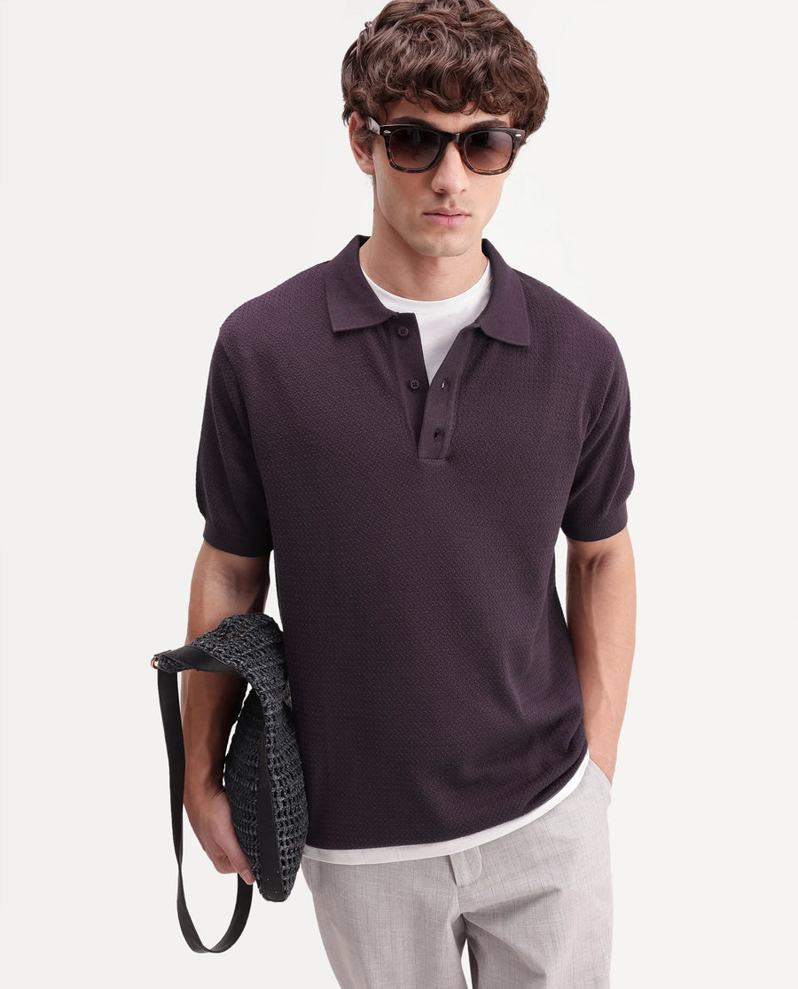 Rare Rabbit Men's Tine Dark Purple Cotton Regular Short Sleeves Polo Textured Shirt