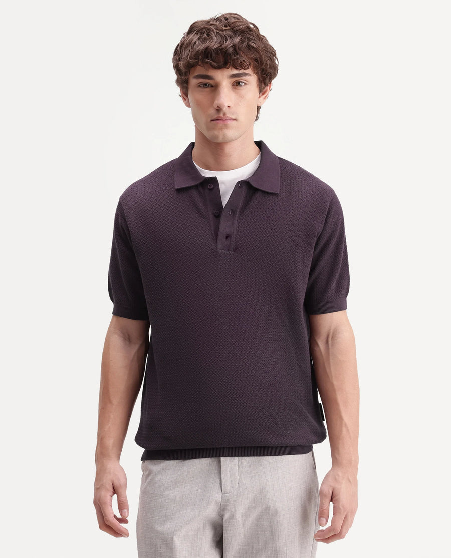 Rare Rabbit Men's Tine Dark Purple Cotton Regular Short Sleeves Polo Textured Shirt