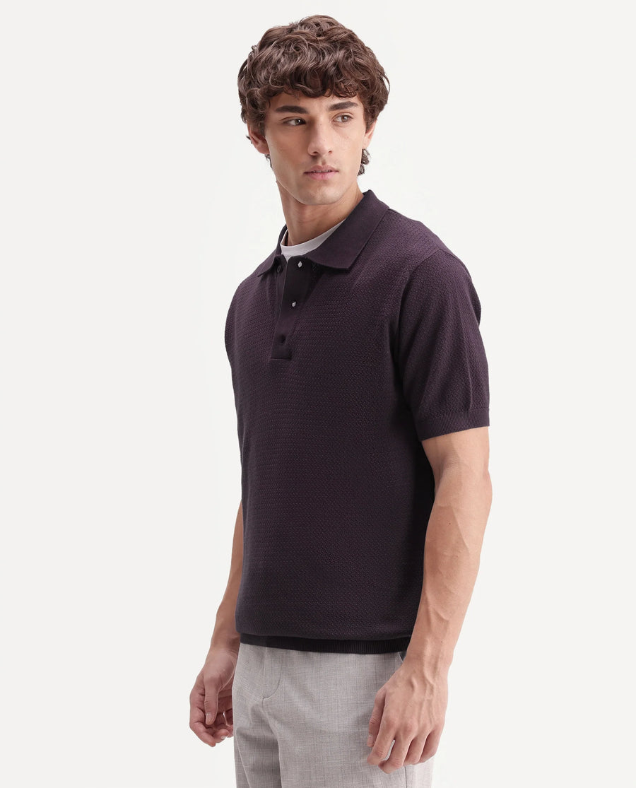 Rare Rabbit Men's Tine Dark Purple Cotton Regular Short Sleeves Polo Textured Shirt