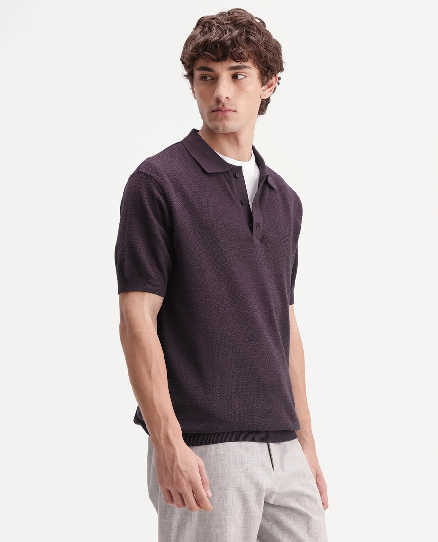 Rare Rabbit Men's Tine Dark Purple Cotton Regular Short Sleeves Polo Textured Shirt