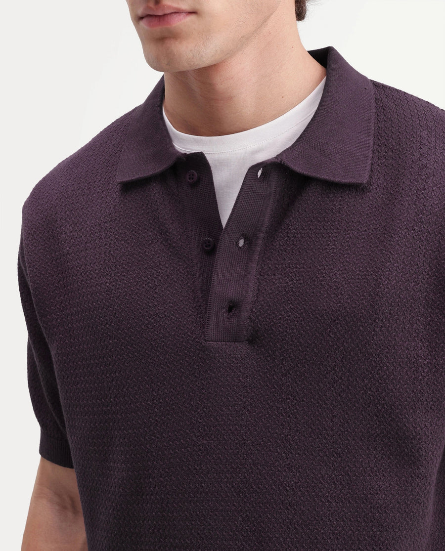 Rare Rabbit Men's Tine Dark Purple Cotton Regular Short Sleeves Polo Textured Shirt