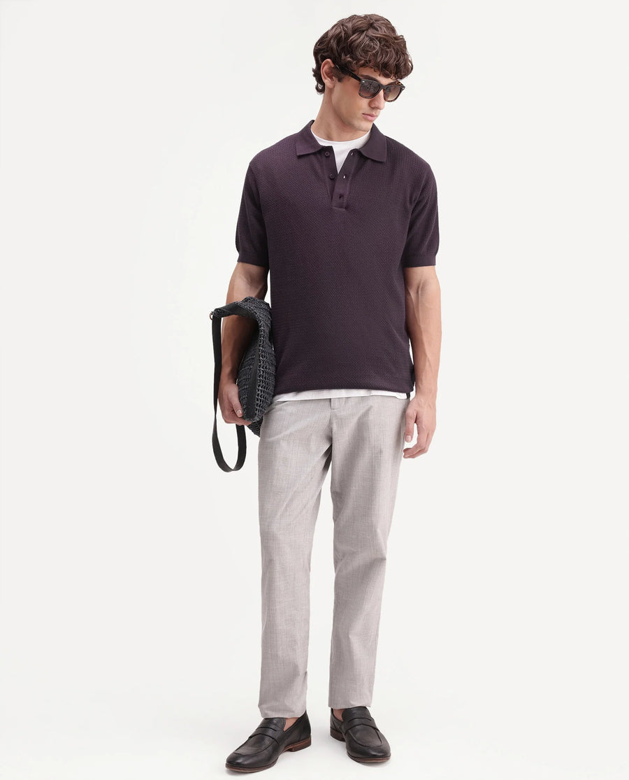 Rare Rabbit Men's Tine Dark Purple Cotton Regular Short Sleeves Polo Textured Shirt
