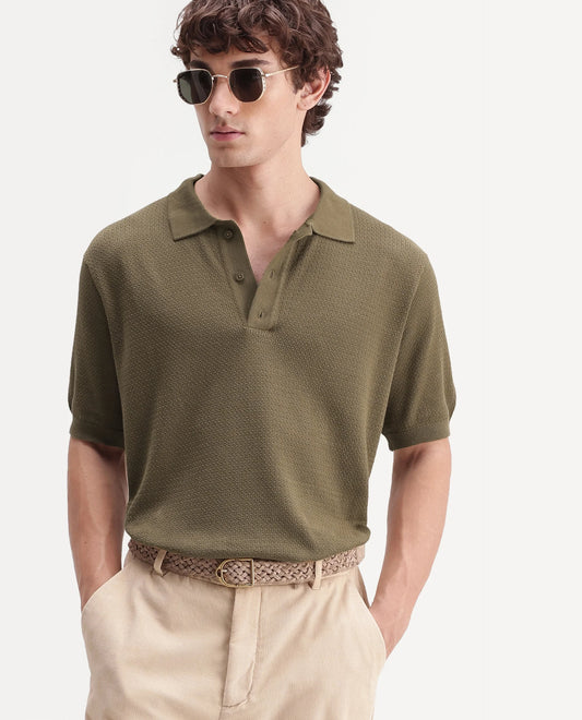 Rare Rabbit Men's Tine Dusky Olive Cotton Regular Short Sleeves Polo Textured Shirt