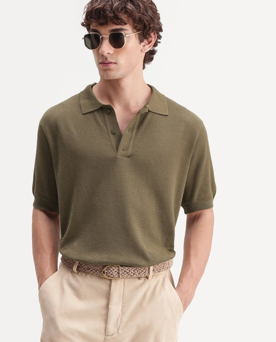 Rare Rabbit Men's Tine Dusky Olive Cotton Regular Short Sleeves Polo Textured Shirt