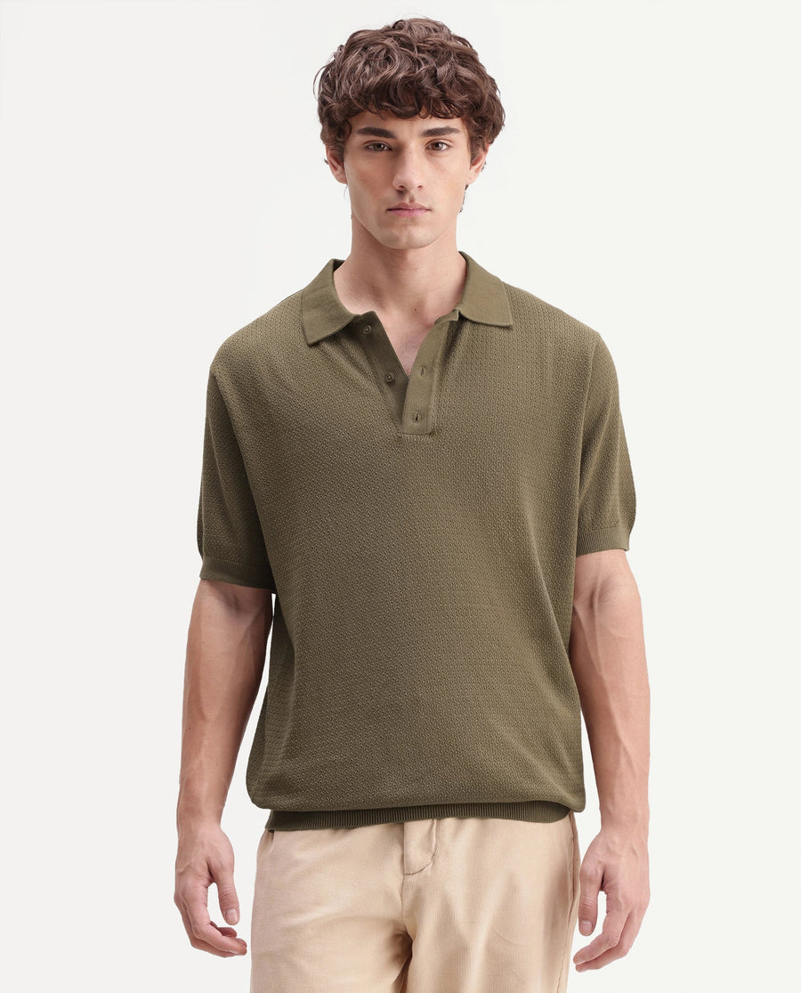 Rare Rabbit Men's Tine Dusky Olive Cotton Regular Short Sleeves Polo Textured Shirt