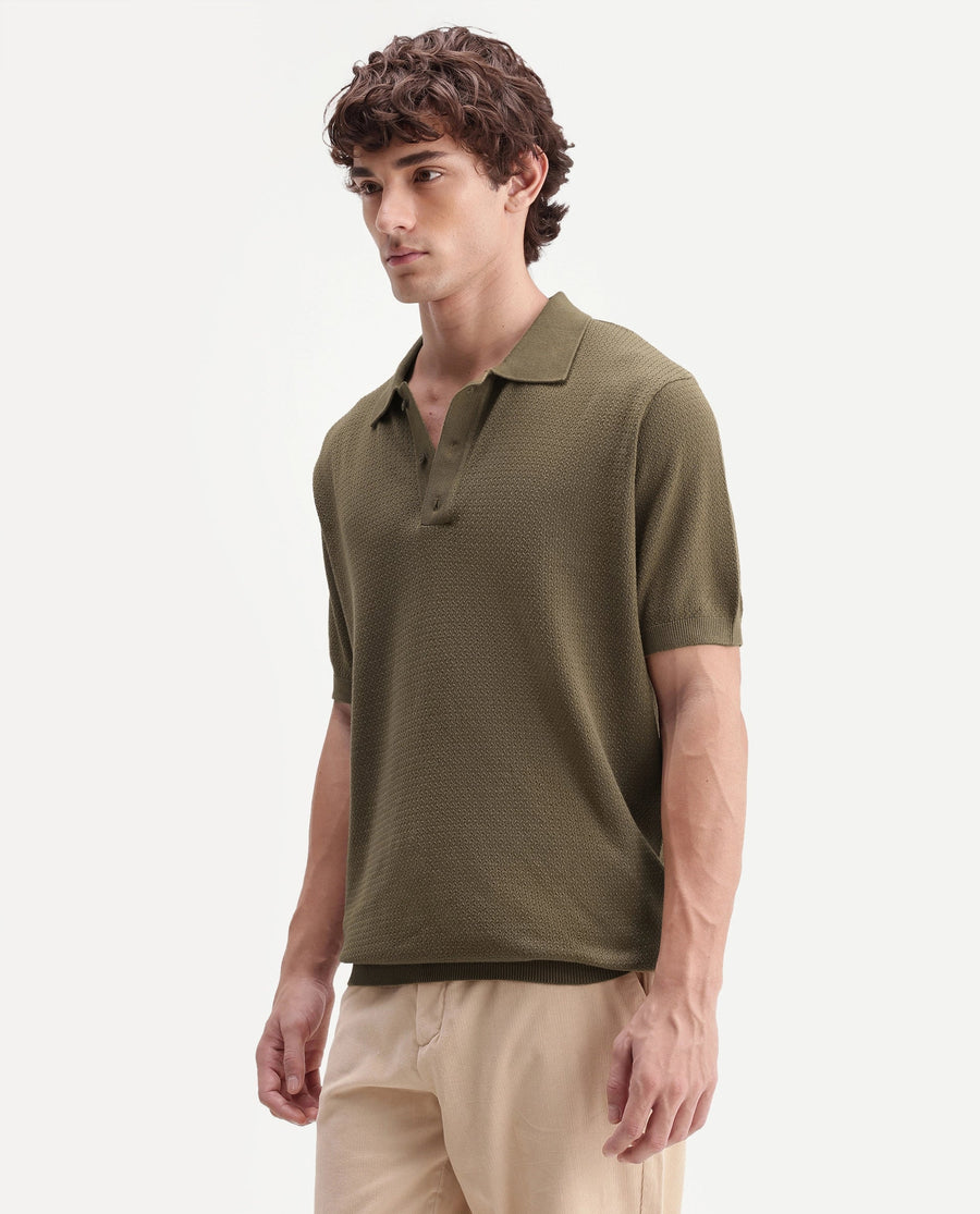 Rare Rabbit Men's Tine Dusky Olive Cotton Regular Short Sleeves Polo Textured Shirt