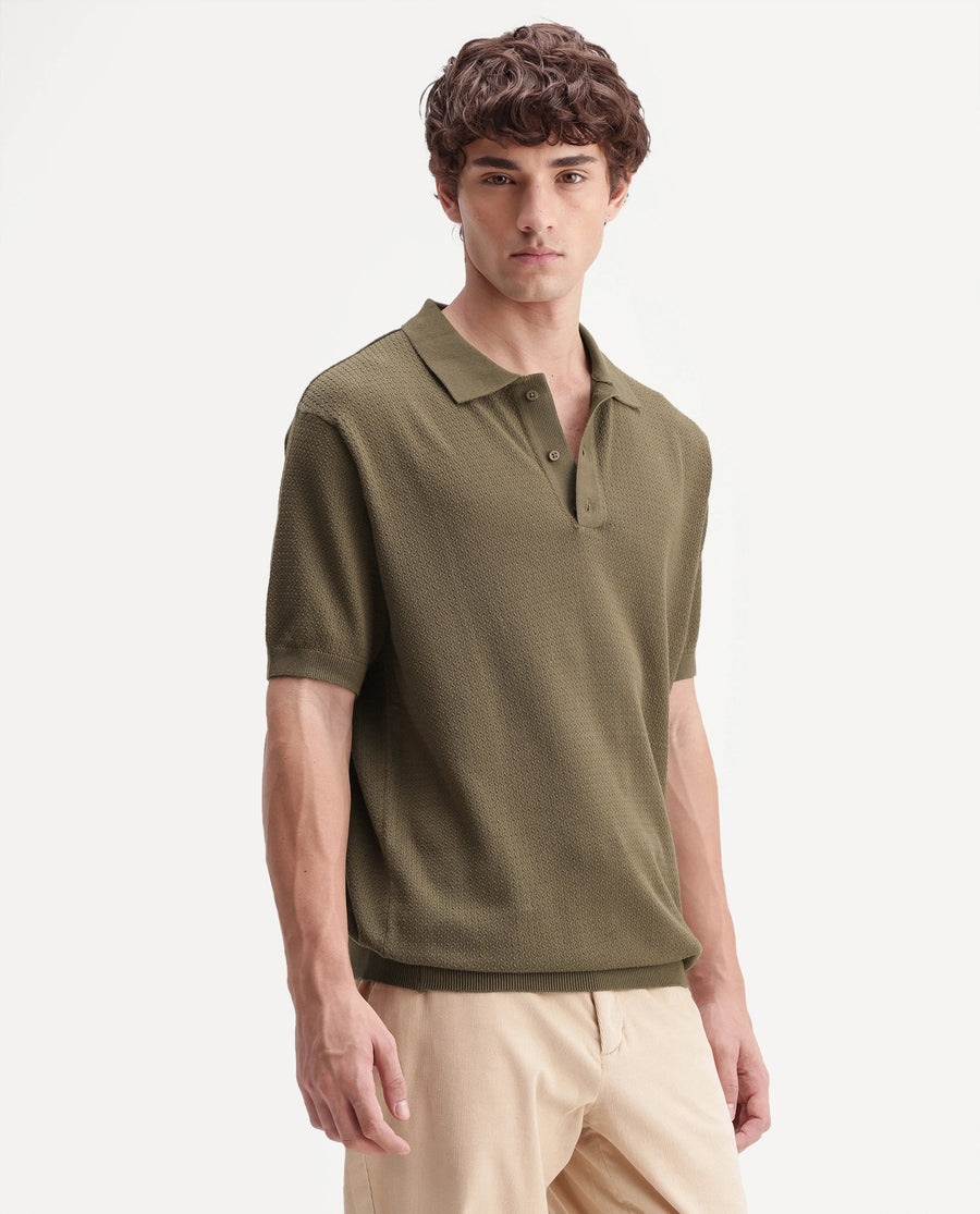 Rare Rabbit Men's Tine Dusky Olive Cotton Regular Short Sleeves Polo Textured Shirt