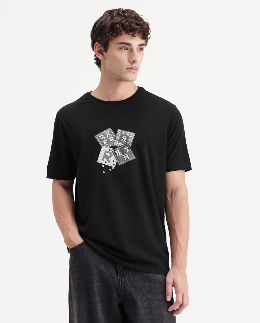 Rare Rabbit Men's Zeko Black Cotton Blend Crew Neck Regular Graphic Print T-Shirt