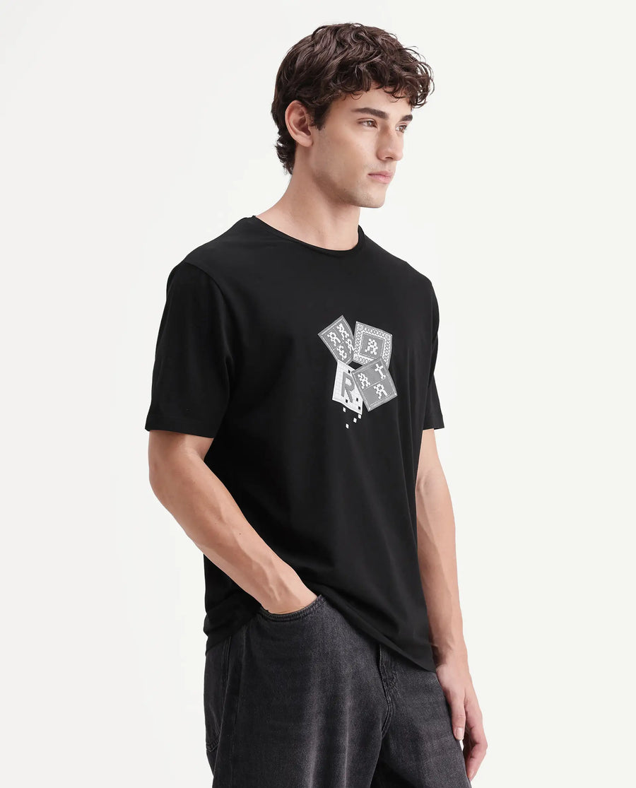 Rare Rabbit Men's Zeko Black Cotton Blend Crew Neck Regular Graphic Print T-Shirt