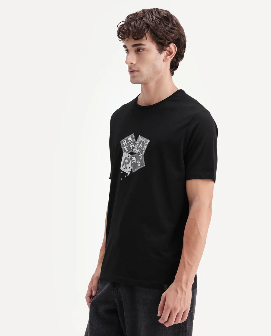 Rare Rabbit Men's Zeko Black Cotton Blend Crew Neck Regular Graphic Print T-Shirt