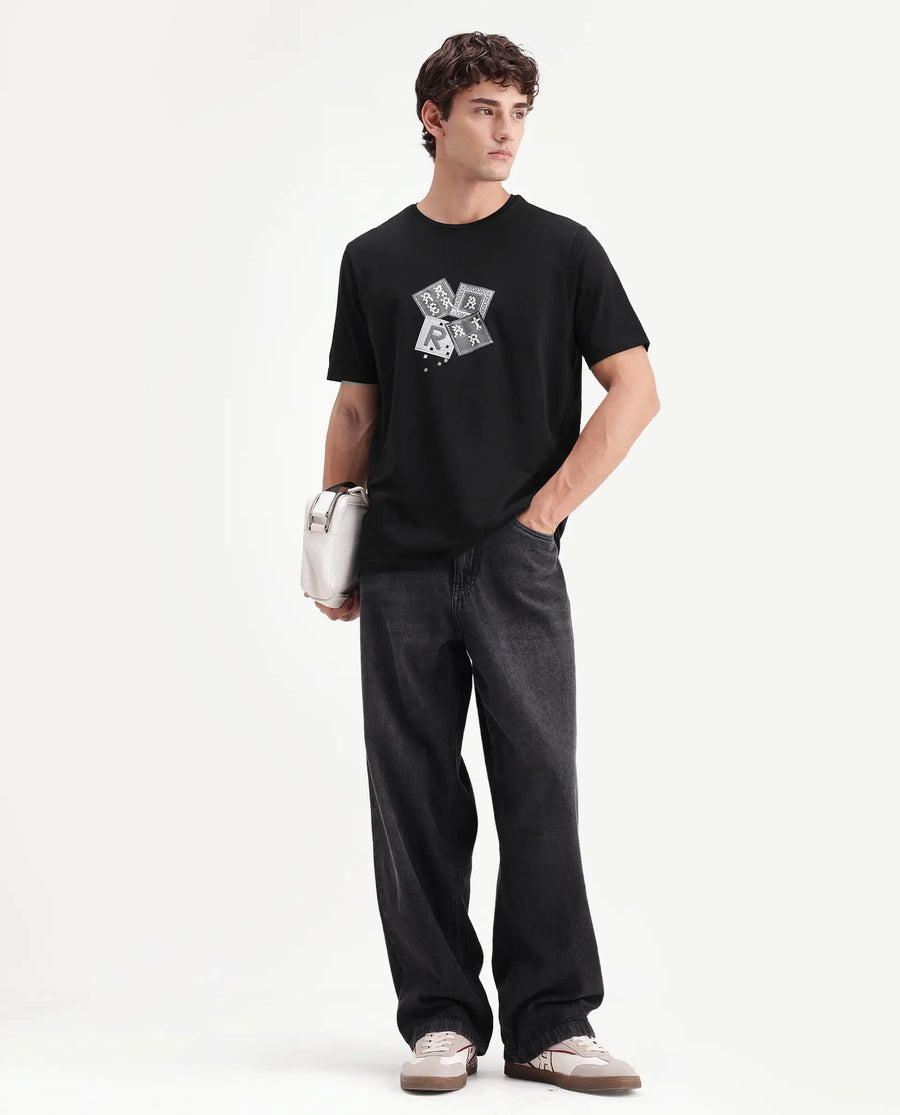 Rare Rabbit Men's Zeko Black Cotton Blend Crew Neck Regular Graphic Print T-Shirt