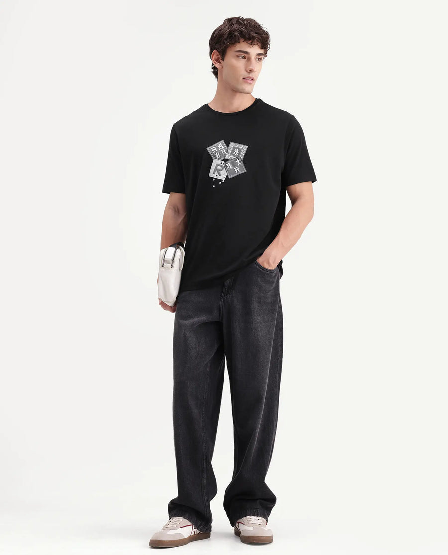 Rare Rabbit Men's Zeko Black Cotton Blend Crew Neck Regular Graphic Print T-Shirt