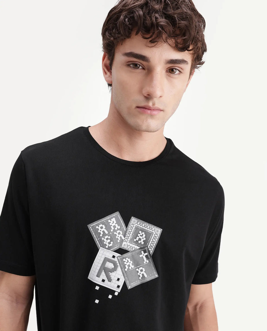 Rare Rabbit Men's Zeko Black Cotton Blend Crew Neck Regular Graphic Print T-Shirt