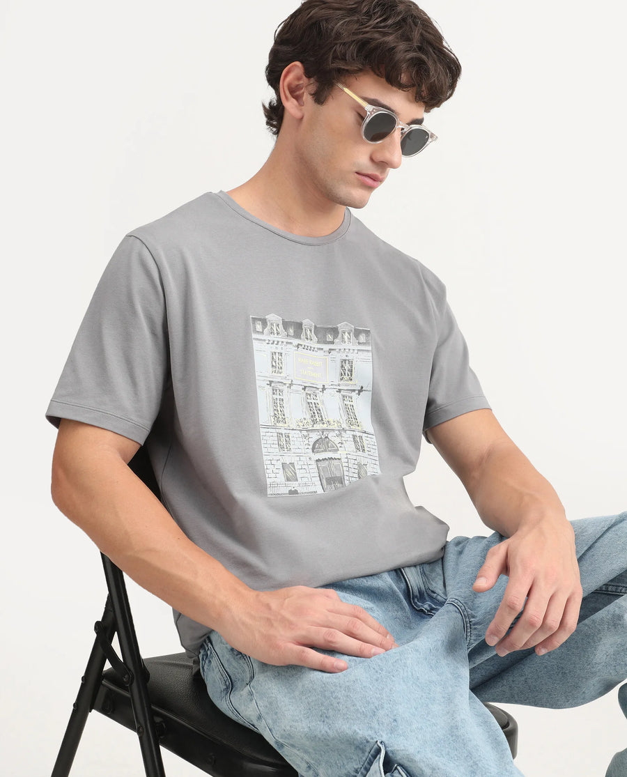 Rare Rabbit Men's Buda Grey Cotton Blend Crew Neck Regular Graphic Print T-Shirt